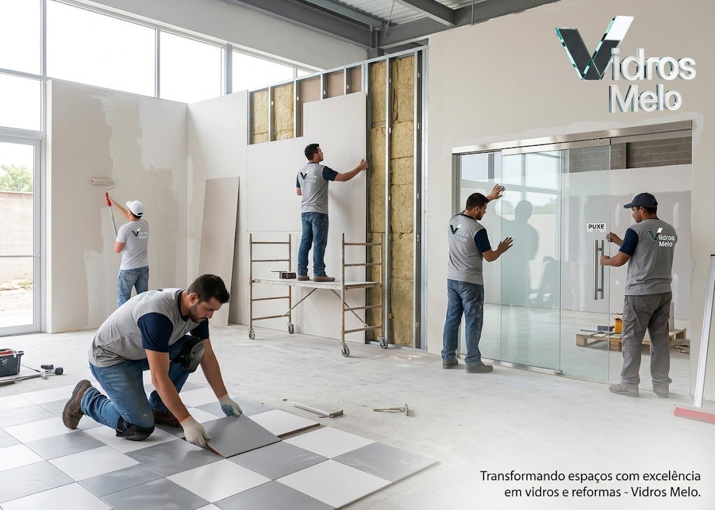 Equipe Vidros Melo instalando vidro temperado, drywall e piso